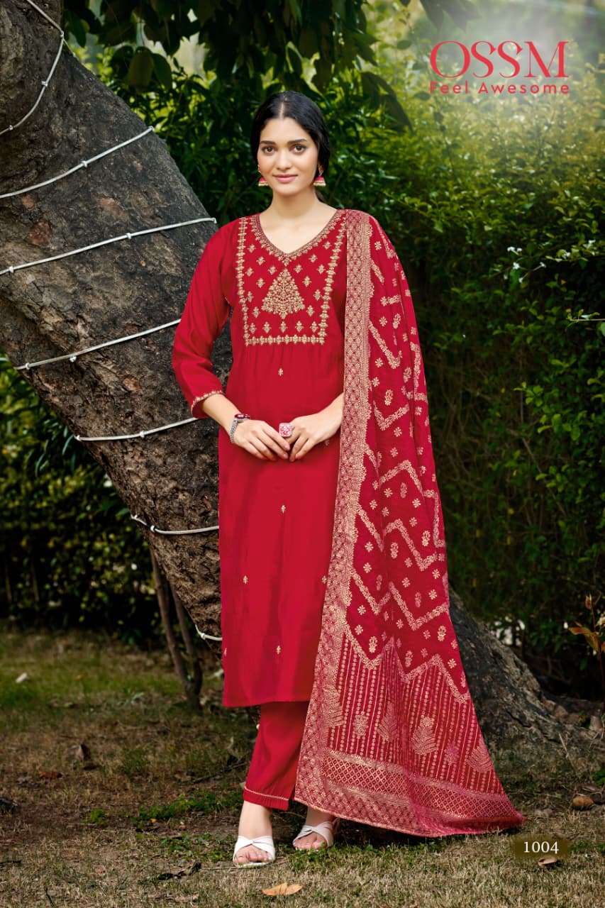 MONALISA VOL-6 BY OSSM PREMIUM VISCOSE ROMAN SLUB HEAVY EMBROIDERY WORK KURTI PANT WITH DUPATTA 