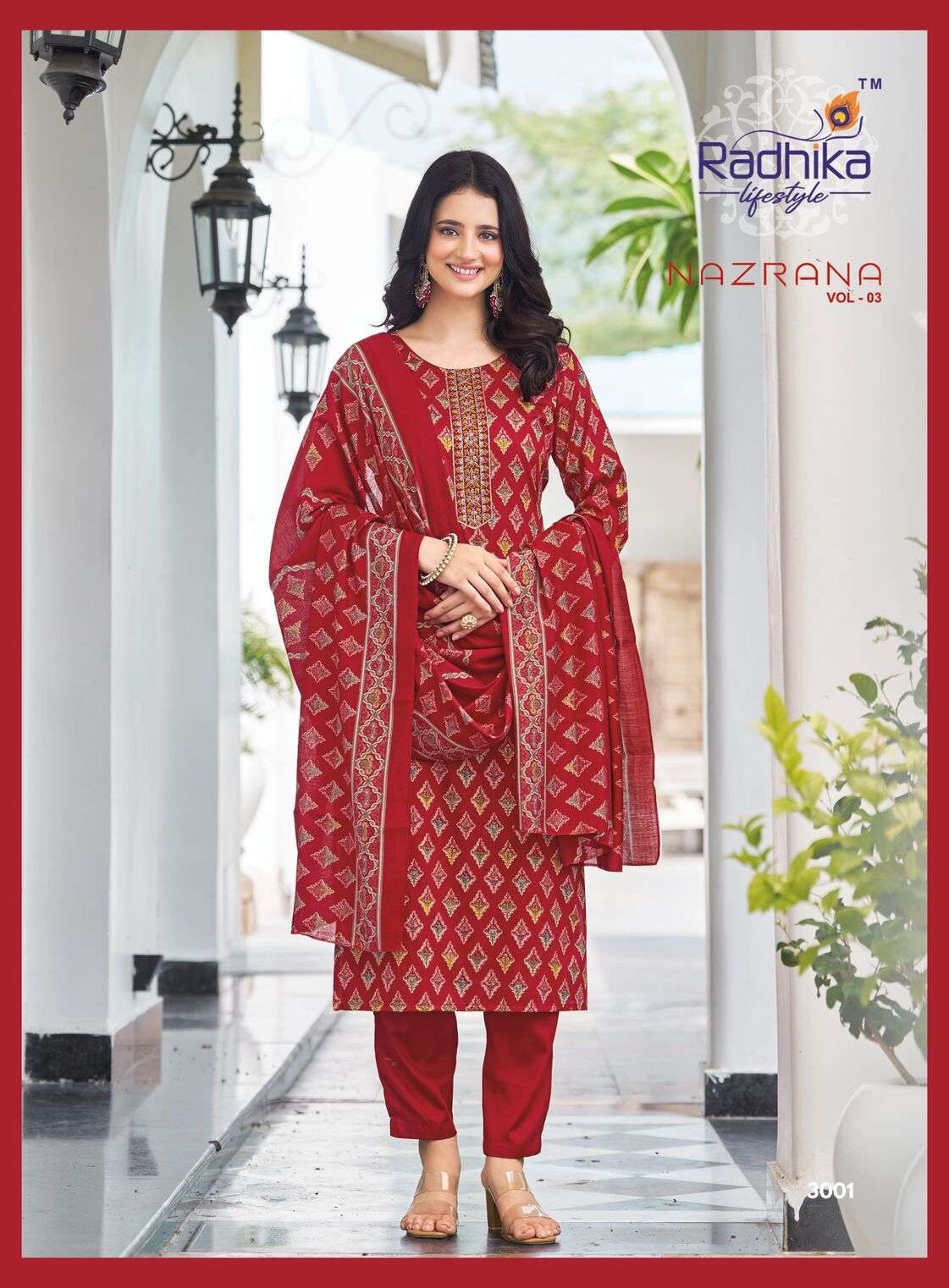 NAZRANA VOL 3 BY RADHIKA LIFESTYLE IN JAM SATIN DISCHARGE PRINT WITH EMBROIDERY WORK