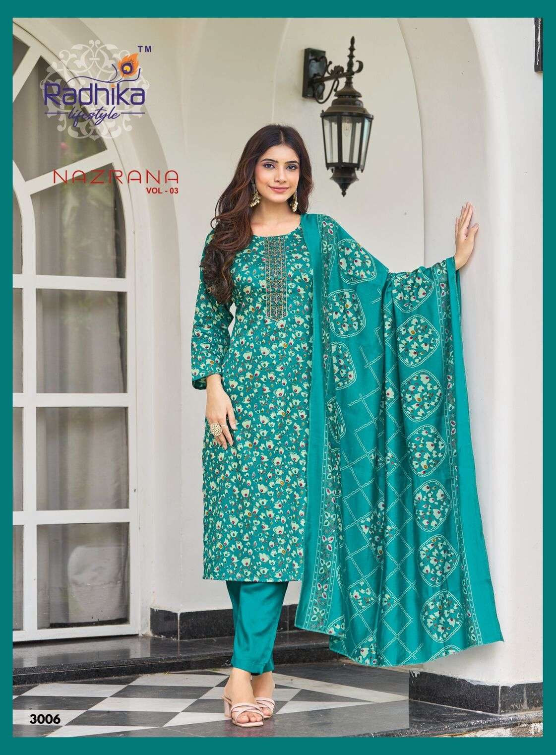 NAZRANA VOL 3 BY RADHIKA LIFESTYLE IN JAM SATIN DISCHARGE PRINT WITH EMBROIDERY WORK