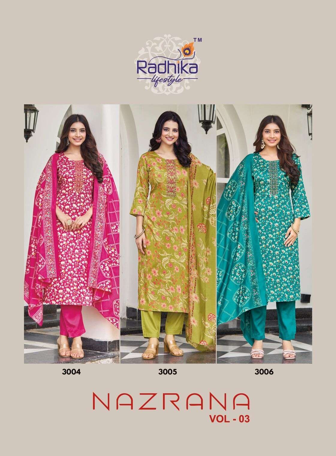 NAZRANA VOL 3 BY RADHIKA LIFESTYLE IN JAM SATIN DISCHARGE PRINT WITH EMBROIDERY WORK