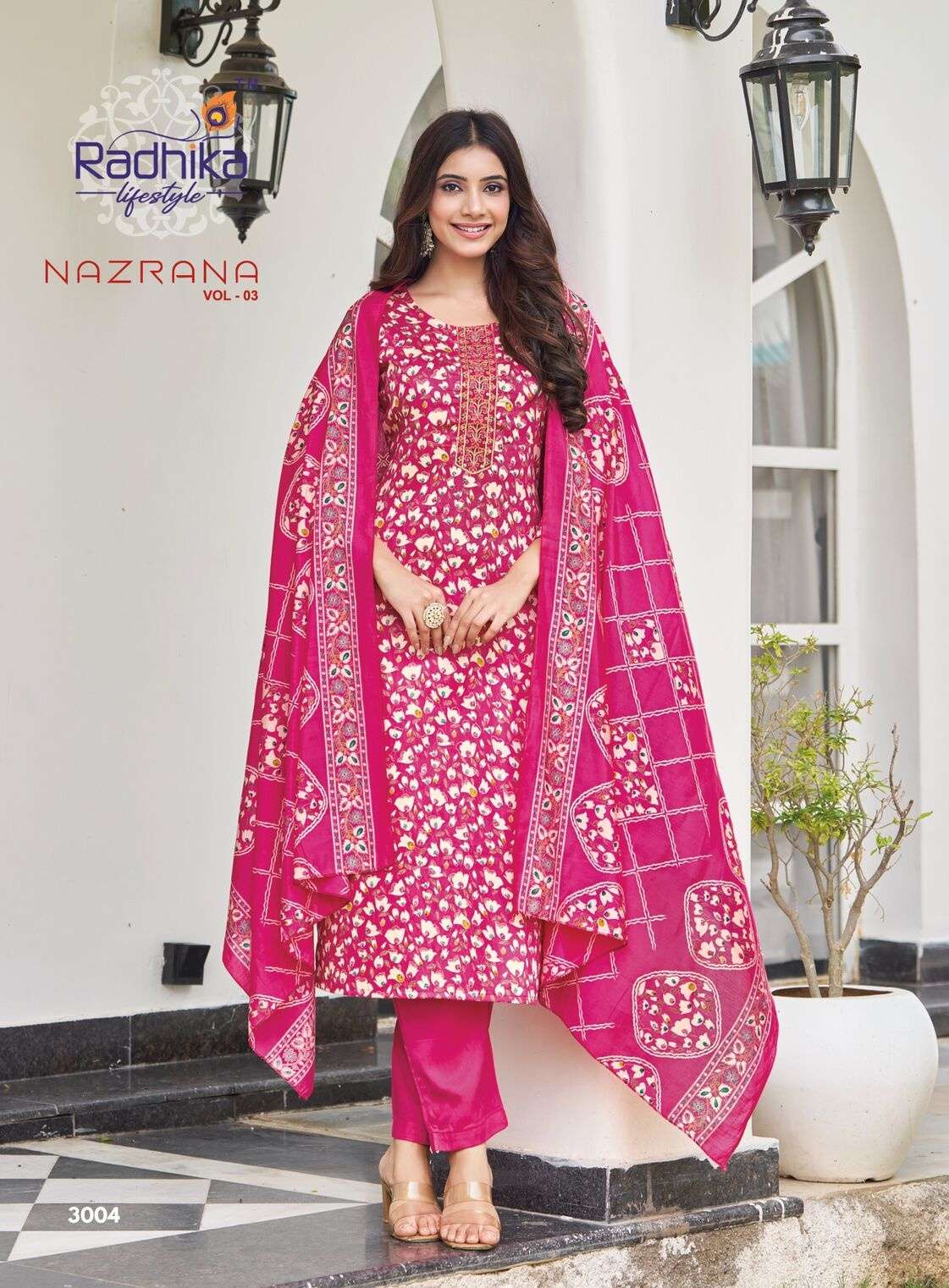 NAZRANA VOL 3 BY RADHIKA LIFESTYLE IN JAM SATIN DISCHARGE PRINT WITH EMBROIDERY WORK