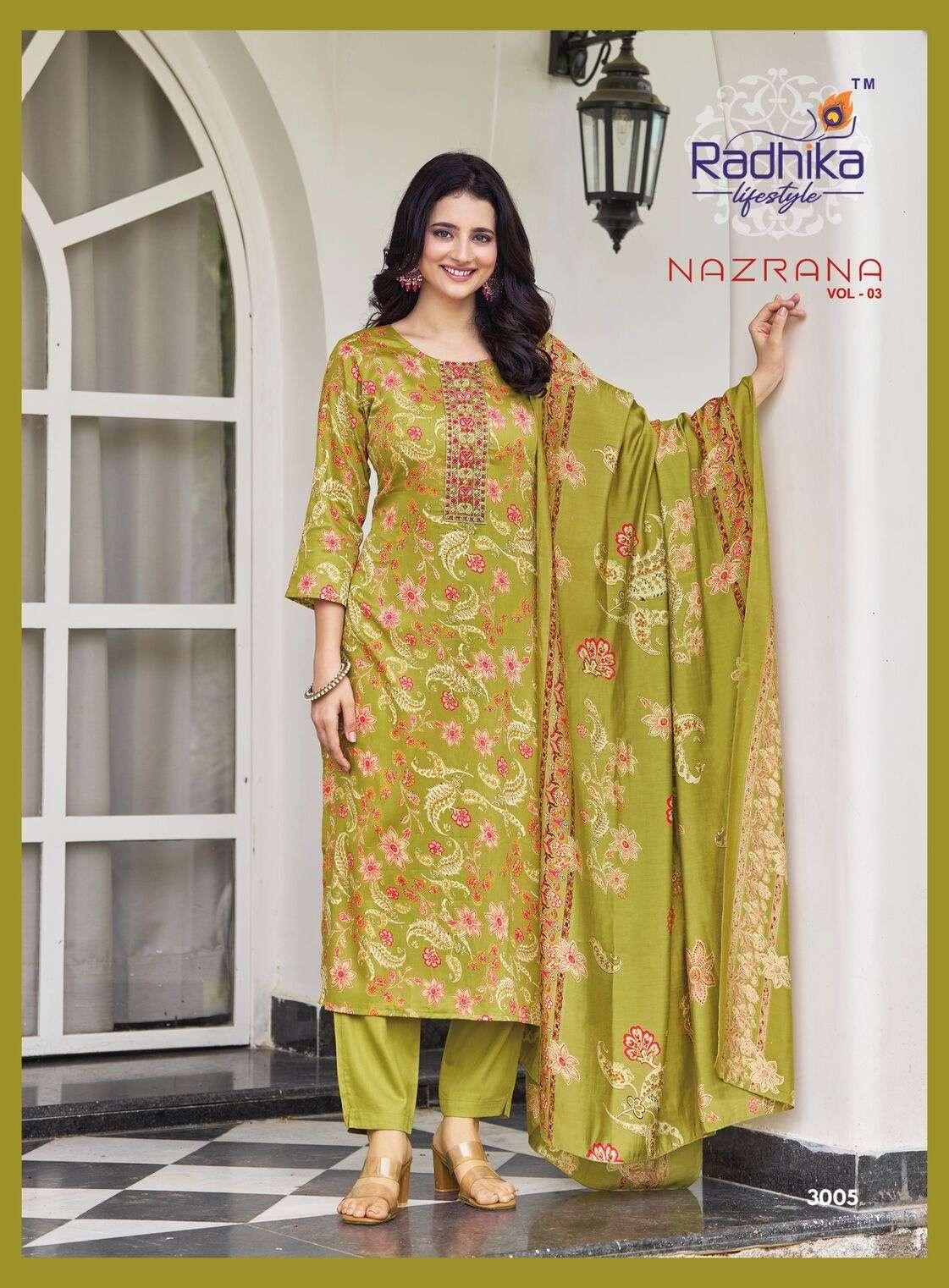 NAZRANA VOL 3 BY RADHIKA LIFESTYLE IN JAM SATIN DISCHARGE PRINT WITH EMBROIDERY WORK