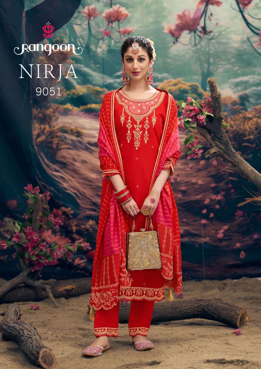 NIRJA BY RANGOON IN FANCY SILK WITH EMBROIDERY WORK AND FULL COTTON MAL INNER 