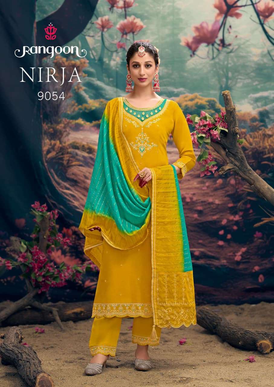 NIRJA BY RANGOON IN FANCY SILK WITH EMBROIDERY WORK AND FULL COTTON MAL INNER 
