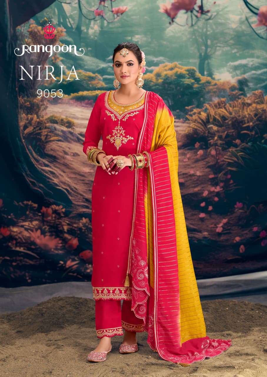 NIRJA BY RANGOON IN FANCY SILK WITH EMBROIDERY WORK AND FULL COTTON MAL INNER 