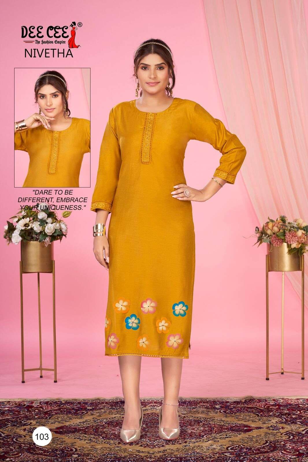 NIVETHA BY DEECEE IN DOBBY FABRIC STRAIGHT KURTI WITH COMPUTER EMBROIDERY BORDER WITH LACE 