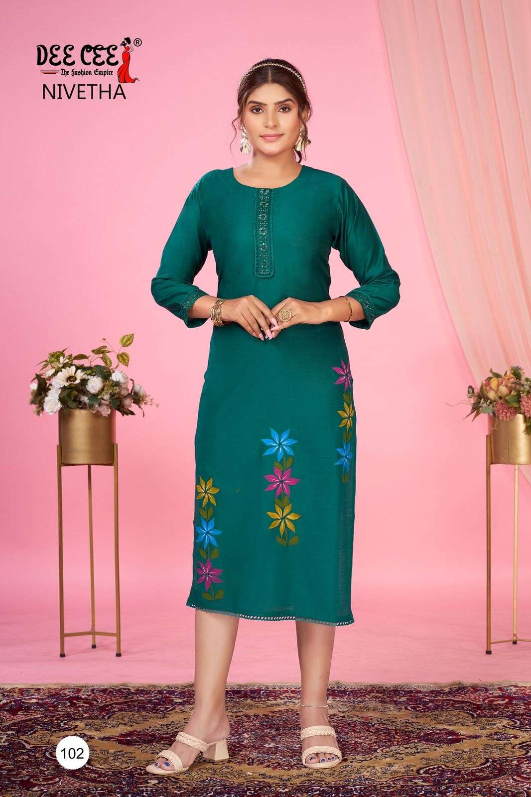 NIVETHA BY DEECEE IN DOBBY FABRIC STRAIGHT KURTI WITH COMPUTER EMBROIDERY BORDER WITH LACE 