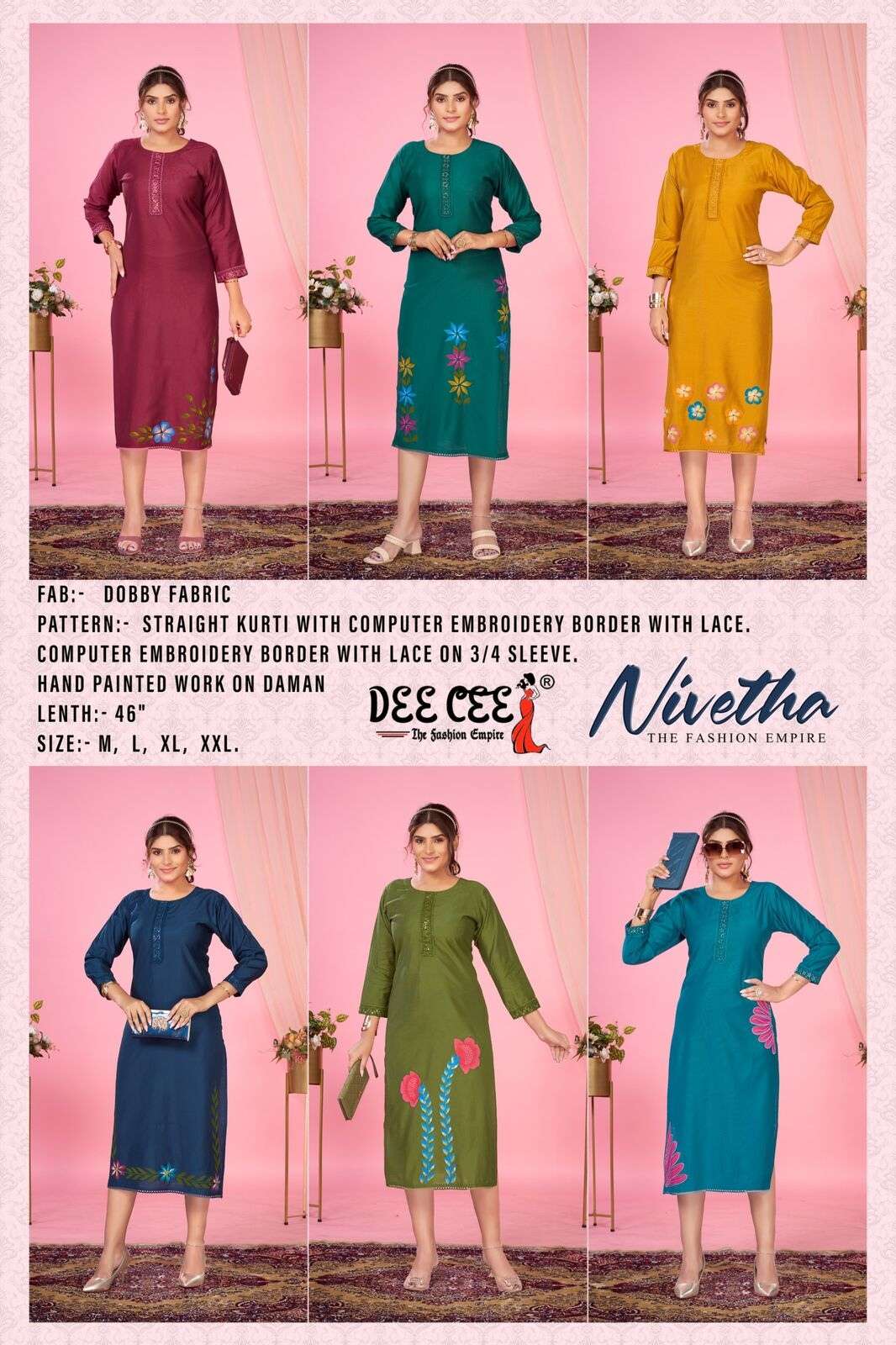NIVETHA BY DEECEE IN DOBBY FABRIC STRAIGHT KURTI WITH COMPUTER EMBROIDERY BORDER WITH LACE 