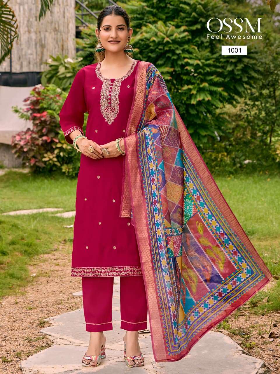 PIHU BY OSSM IN VISCOSE ROMAN SILK WITH HEAVY EMBROIDERY WORK AND PANT POCKET 