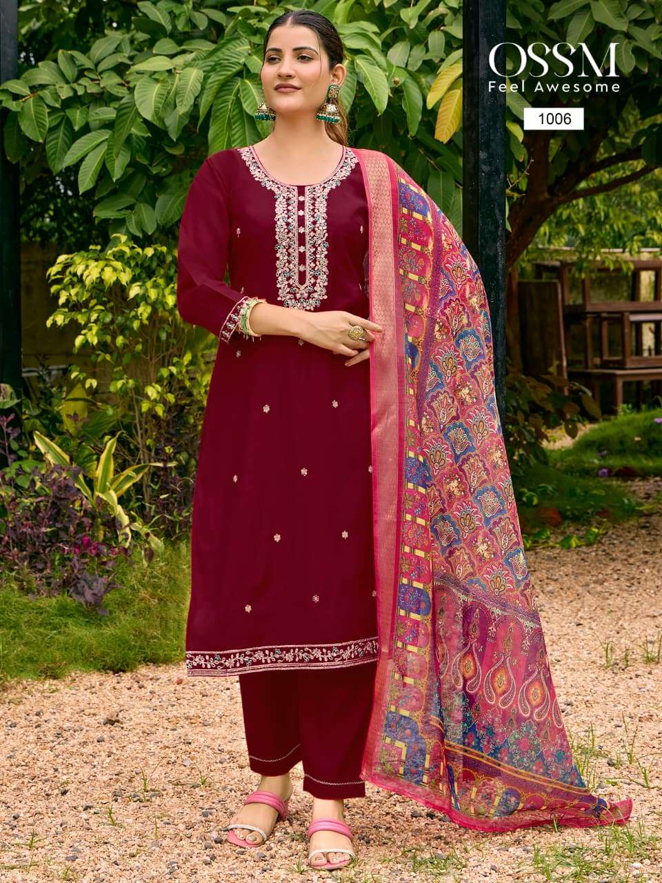 PIHU BY OSSM IN VISCOSE ROMAN SILK WITH HEAVY EMBROIDERY WORK AND PANT POCKET 