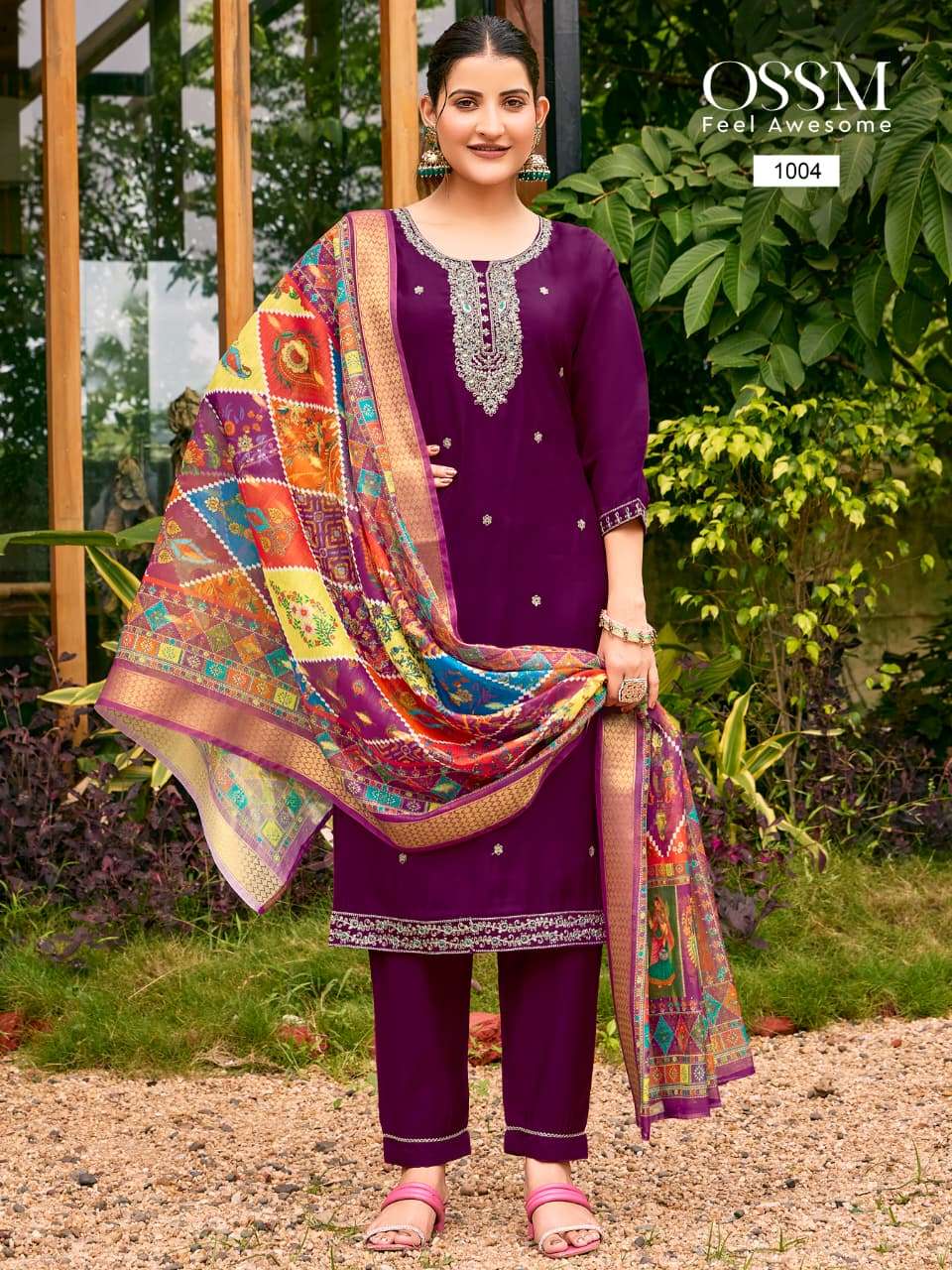 PIHU BY OSSM IN VISCOSE ROMAN SILK WITH HEAVY EMBROIDERY WORK AND PANT POCKET 