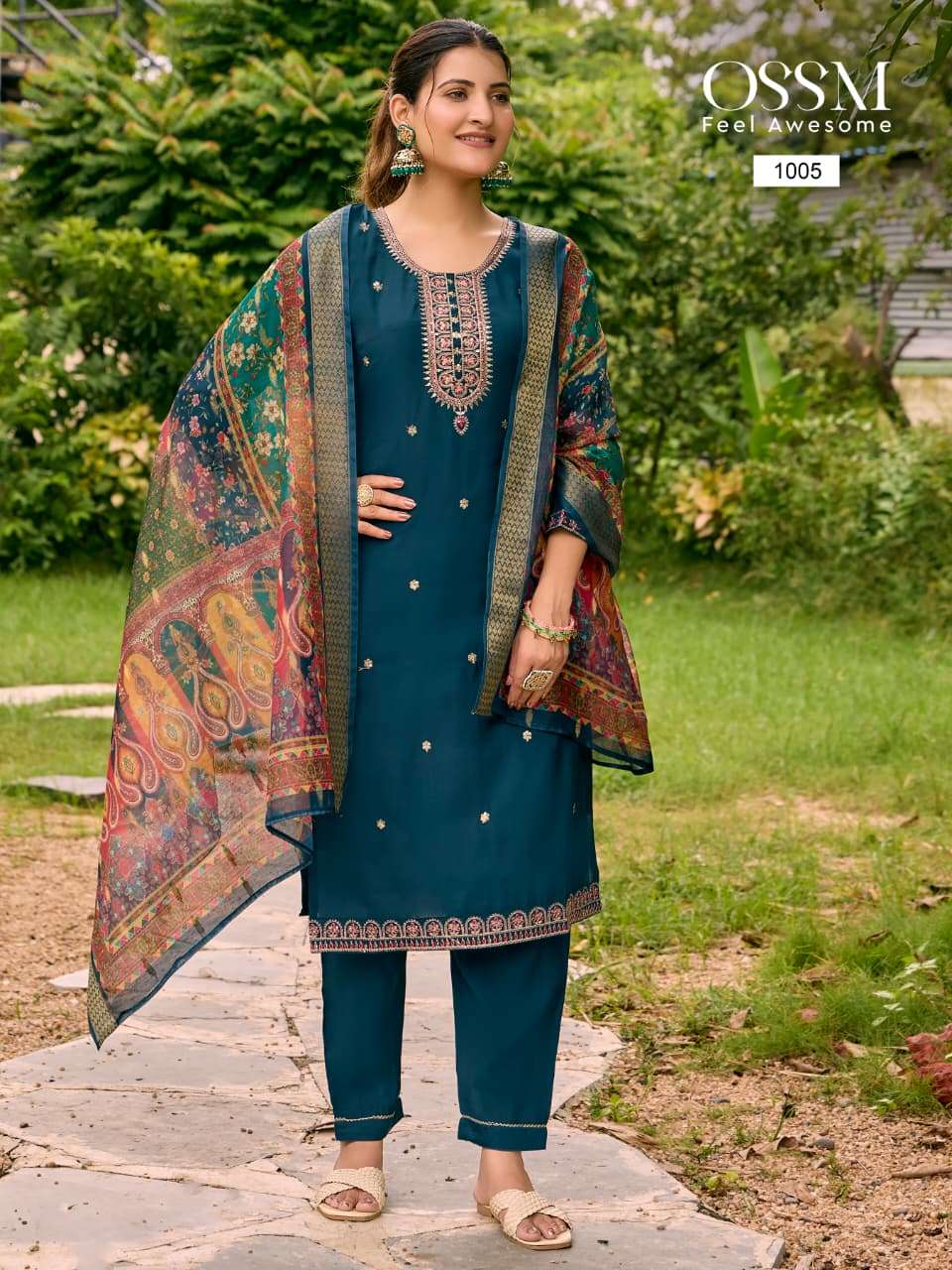 PIHU BY OSSM IN VISCOSE ROMAN SILK WITH HEAVY EMBROIDERY WORK AND PANT POCKET 