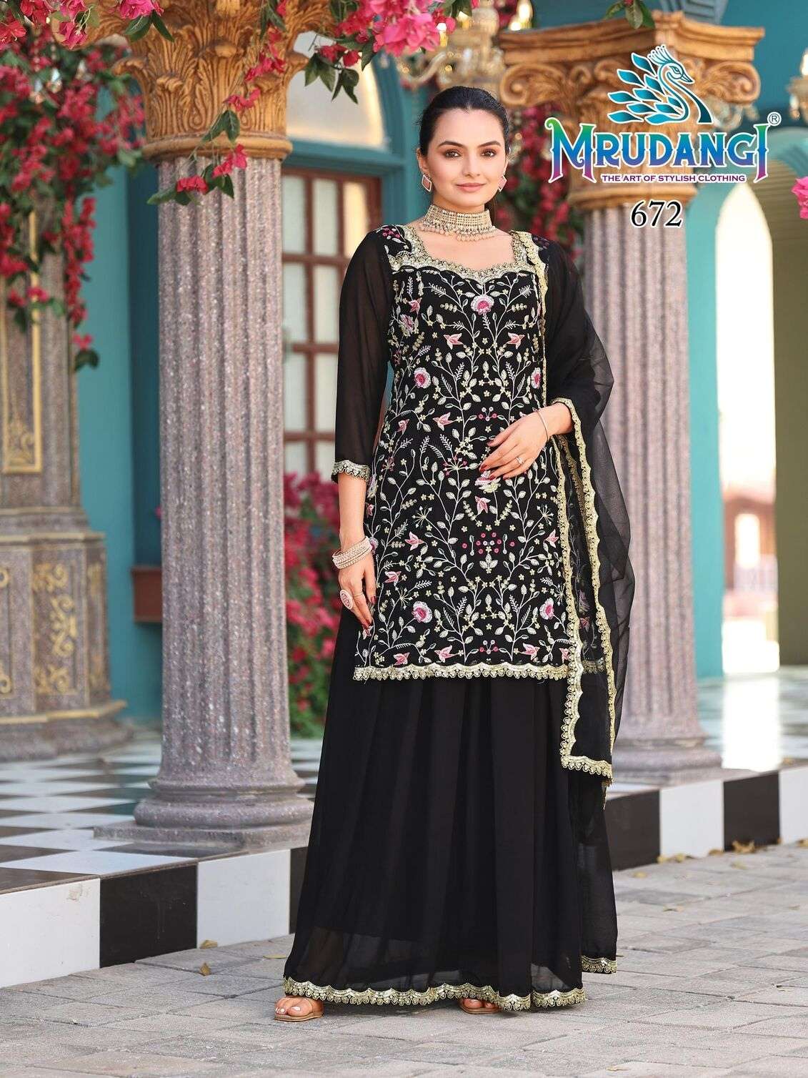 PRISHA BY MRUDANGI IN REAL GEORGETTE TOP SKIRT & NET DUPATTA WITH EMBROIDERED WORK 