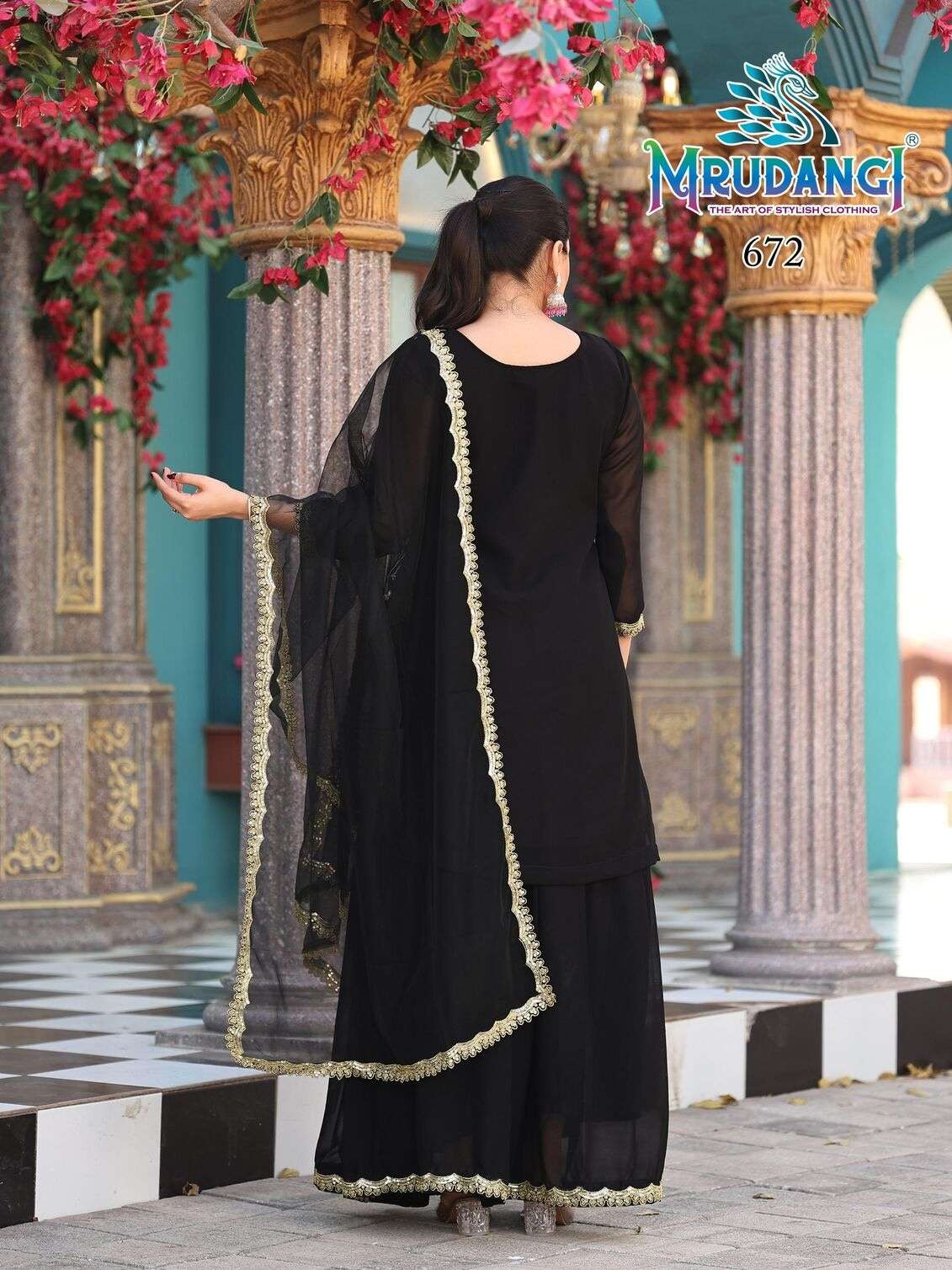 PRISHA BY MRUDANGI IN REAL GEORGETTE TOP SKIRT & NET DUPATTA WITH EMBROIDERED WORK 