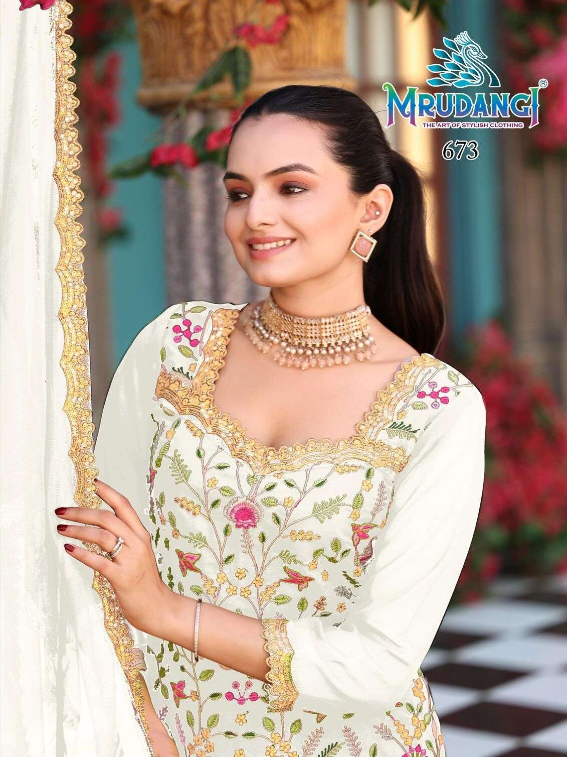 PRISHA BY MRUDANGI IN REAL GEORGETTE TOP SKIRT & NET DUPATTA WITH EMBROIDERED WORK 