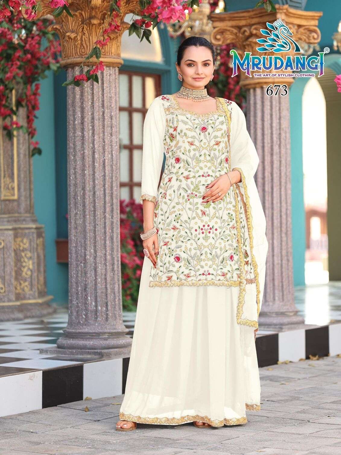 PRISHA BY MRUDANGI IN REAL GEORGETTE TOP SKIRT & NET DUPATTA WITH EMBROIDERED WORK 