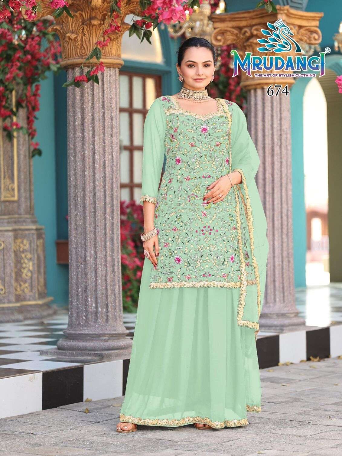 PRISHA BY MRUDANGI IN REAL GEORGETTE TOP SKIRT & NET DUPATTA WITH EMBROIDERED WORK 