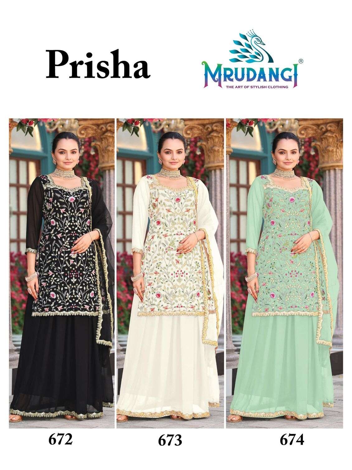 PRISHA BY MRUDANGI IN REAL GEORGETTE TOP SKIRT & NET DUPATTA WITH EMBROIDERED WORK 