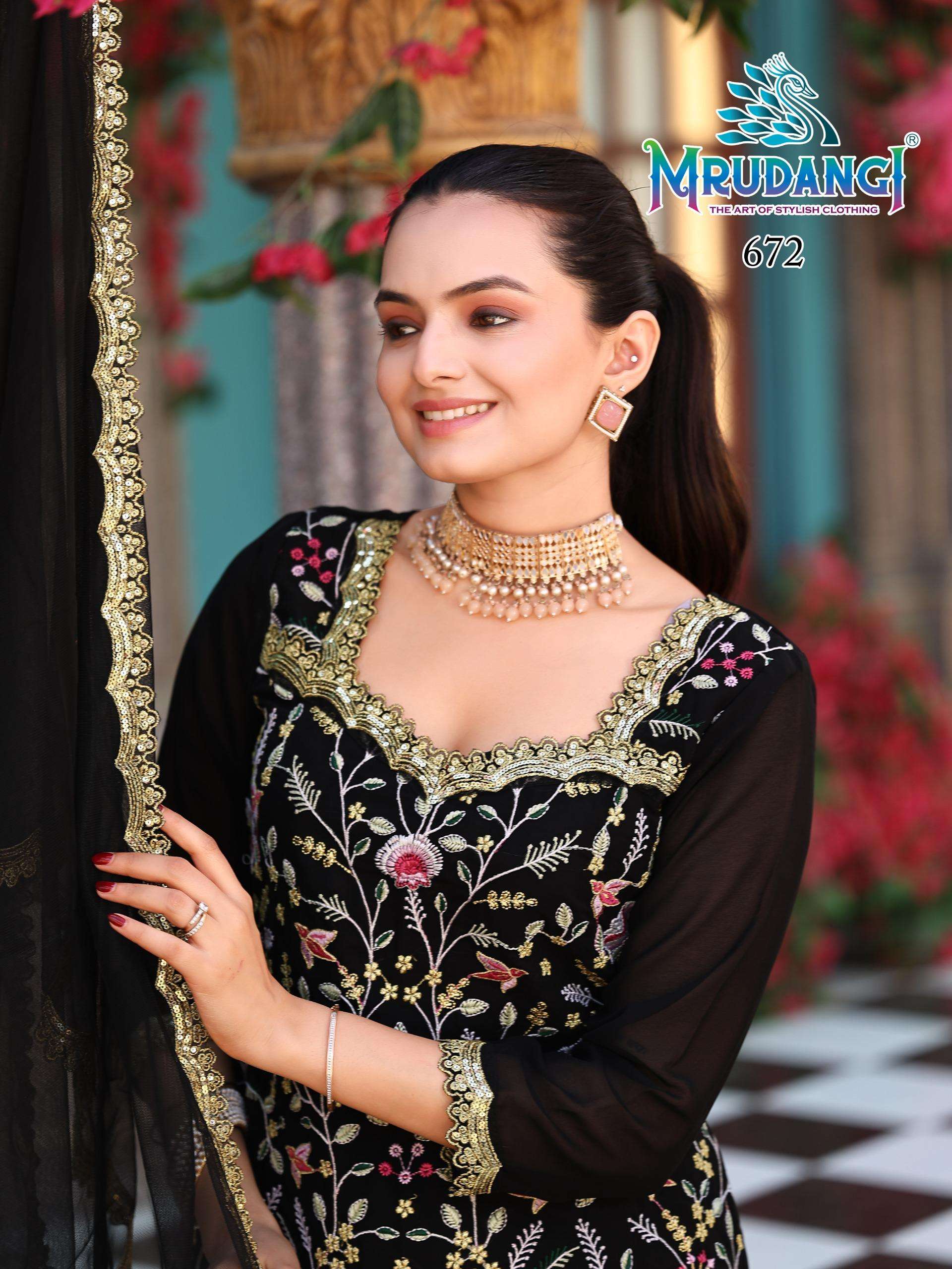 PRISHA BY MRUDANGI IN REAL GEORGETTE TOP SKIRT & NET DUPATTA WITH EMBROIDERED WORK 