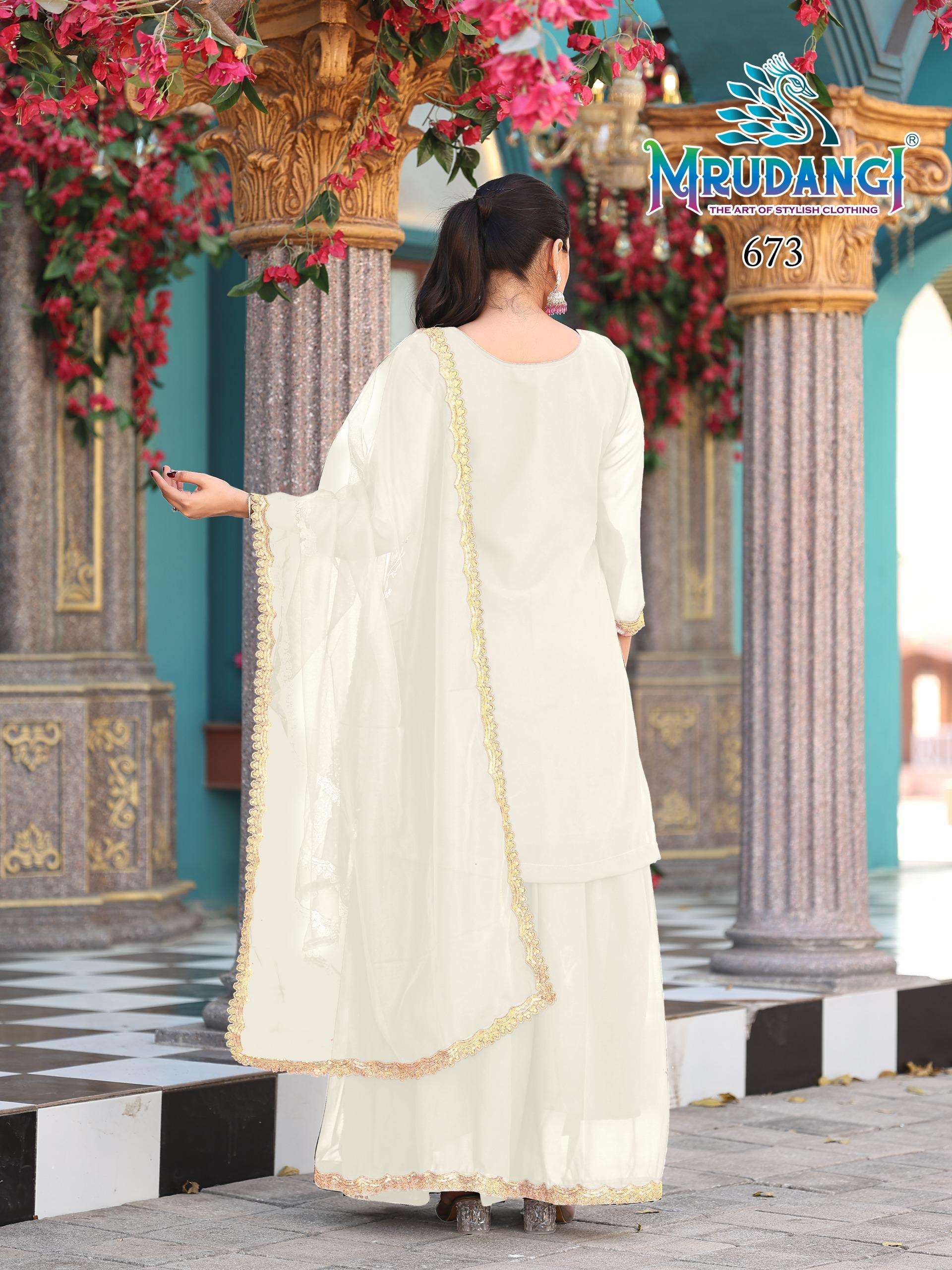 PRISHA BY MRUDANGI IN REAL GEORGETTE TOP SKIRT & NET DUPATTA WITH EMBROIDERED WORK 