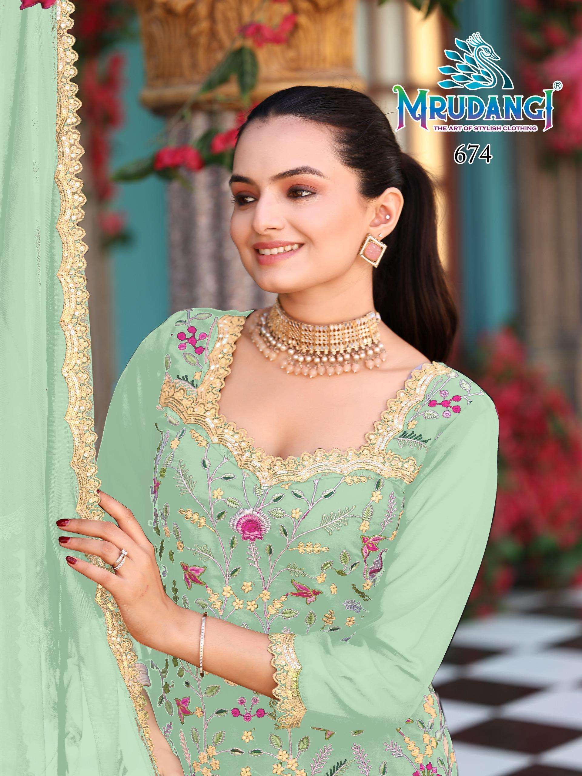 PRISHA BY MRUDANGI IN REAL GEORGETTE TOP SKIRT & NET DUPATTA WITH EMBROIDERED WORK 