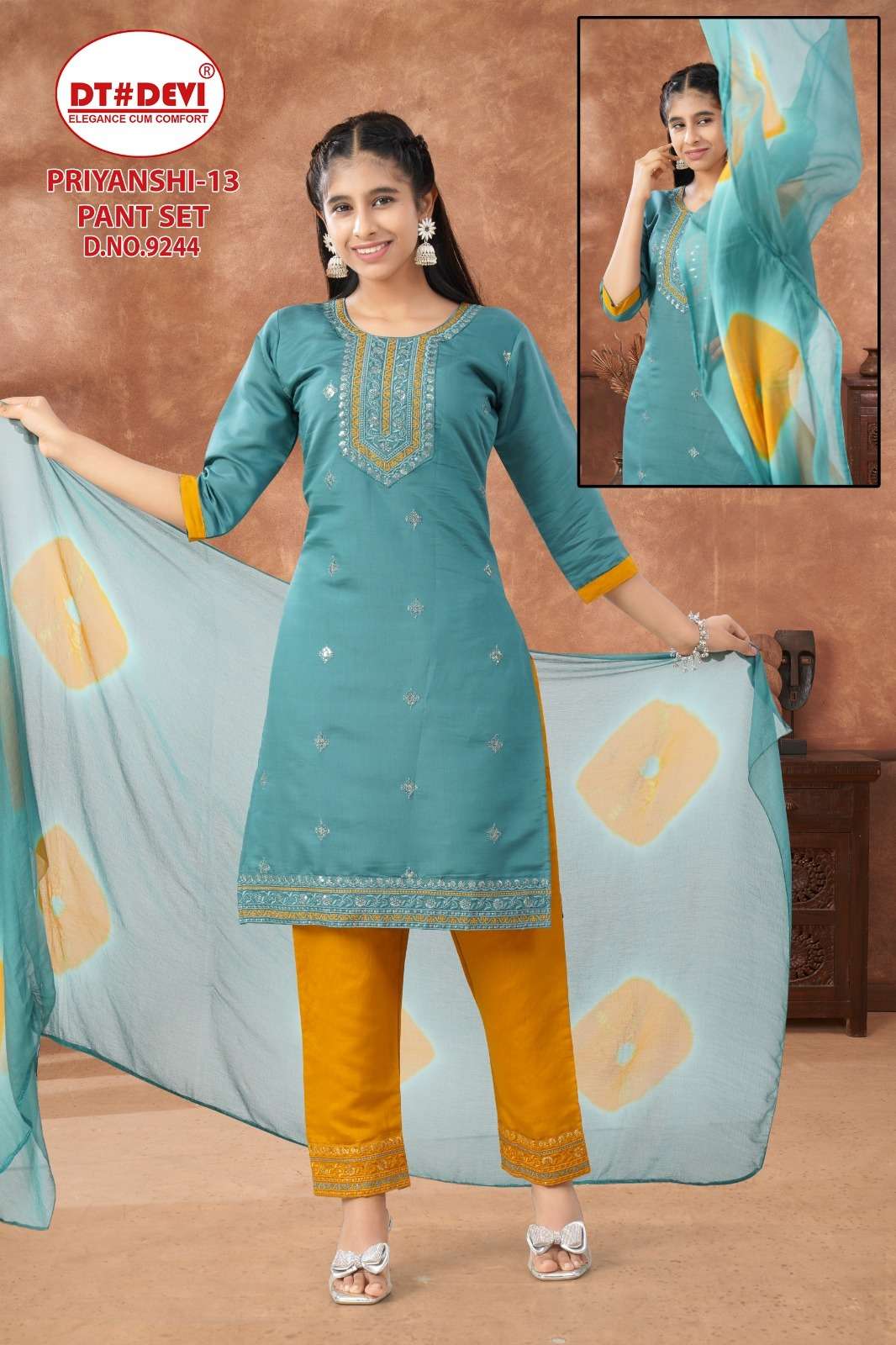 PRIYANSHI-13 BY DT DEVI IN ROMAN SILK DESIGN KURTI PANT SET &  NAZEEN DOUBLE COLOUR DUPATTA 