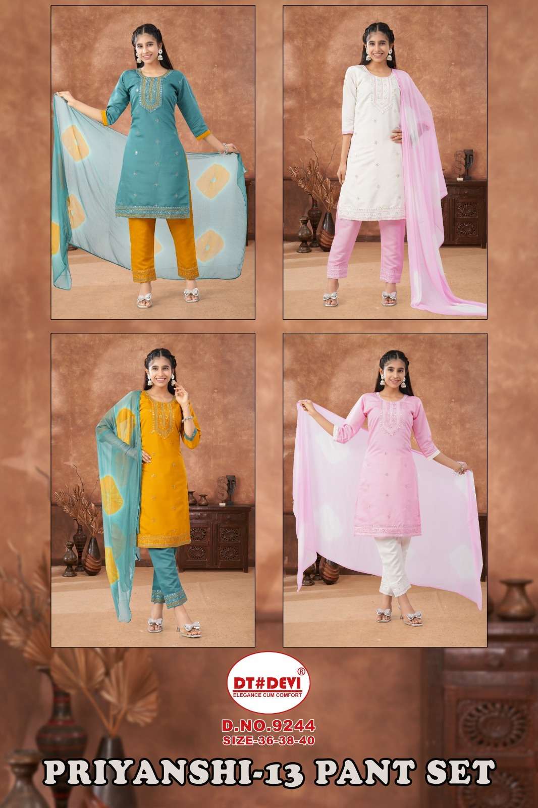 PRIYANSHI-13 BY DT DEVI IN ROMAN SILK DESIGN KURTI PANT SET &  NAZEEN DOUBLE COLOUR DUPATTA 