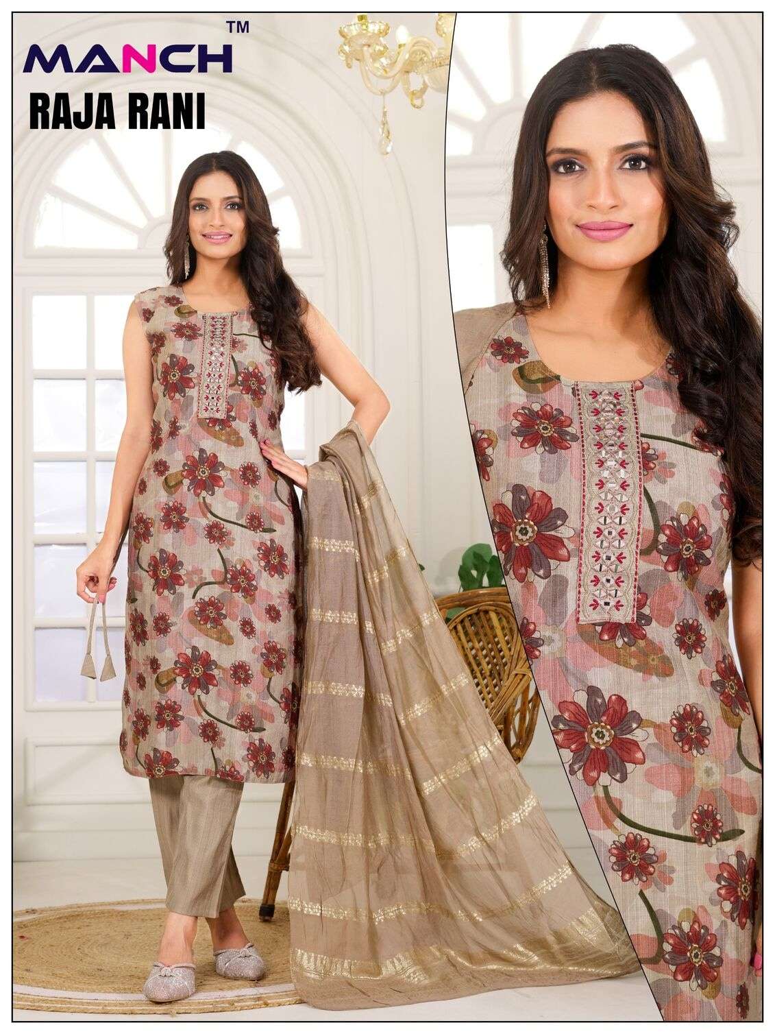 RAJA RANI BY MANCH IN VATICAN FABRIC PRINTED KURTI WITH HAND WORK DESIGNE 