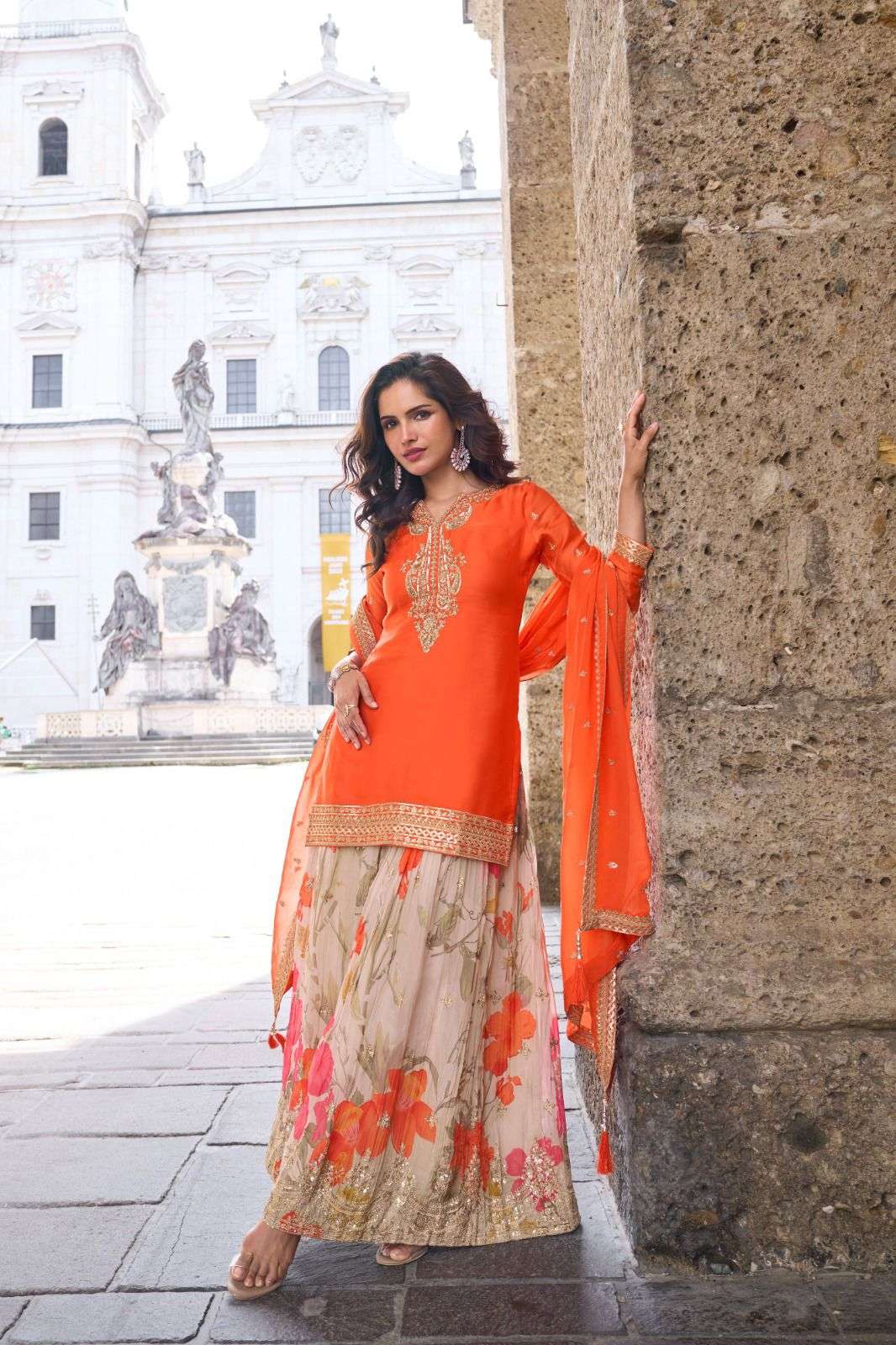 RASHMIKA BY GULKAYRA DESIGNER IN REAL CHINON AND TABI SILK PALAZZO WITH EMBROIDERY WORK 