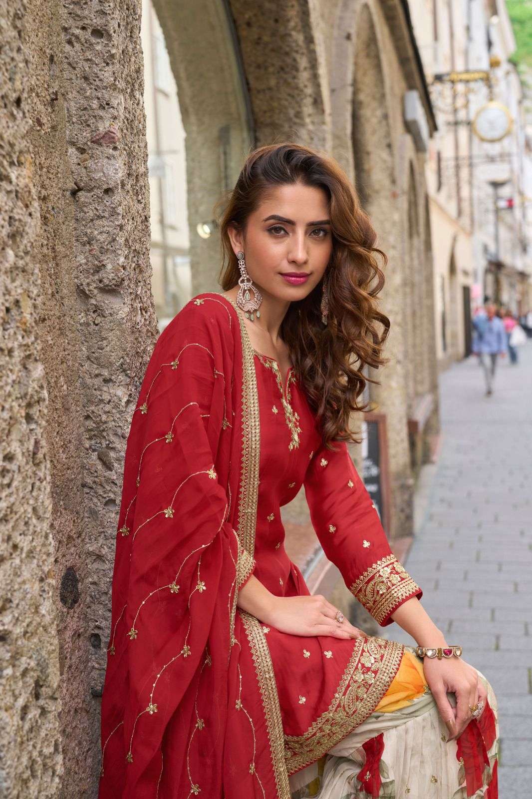 RASHMIKA BY GULKAYRA DESIGNER IN REAL CHINON AND TABI SILK PALAZZO WITH EMBROIDERY WORK 