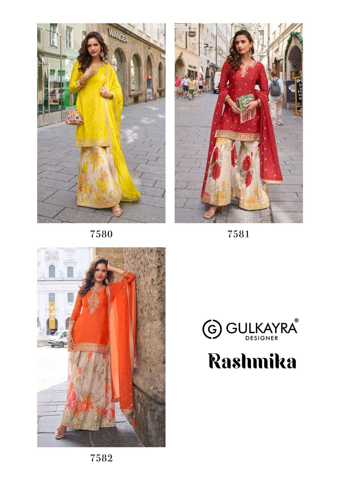 RASHMIKA BY GULKAYRA DESIGNER IN REAL CHINON AND TABI SILK PALAZZO WITH EMBROIDERY WORK 