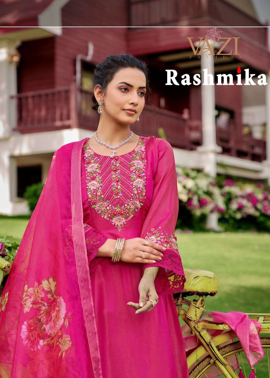 RASHMIKA BY VAZI FASHION IN PURE VISCOUS TISSUE SHIMMER WITH DESGINER FANCY THERD WORK 