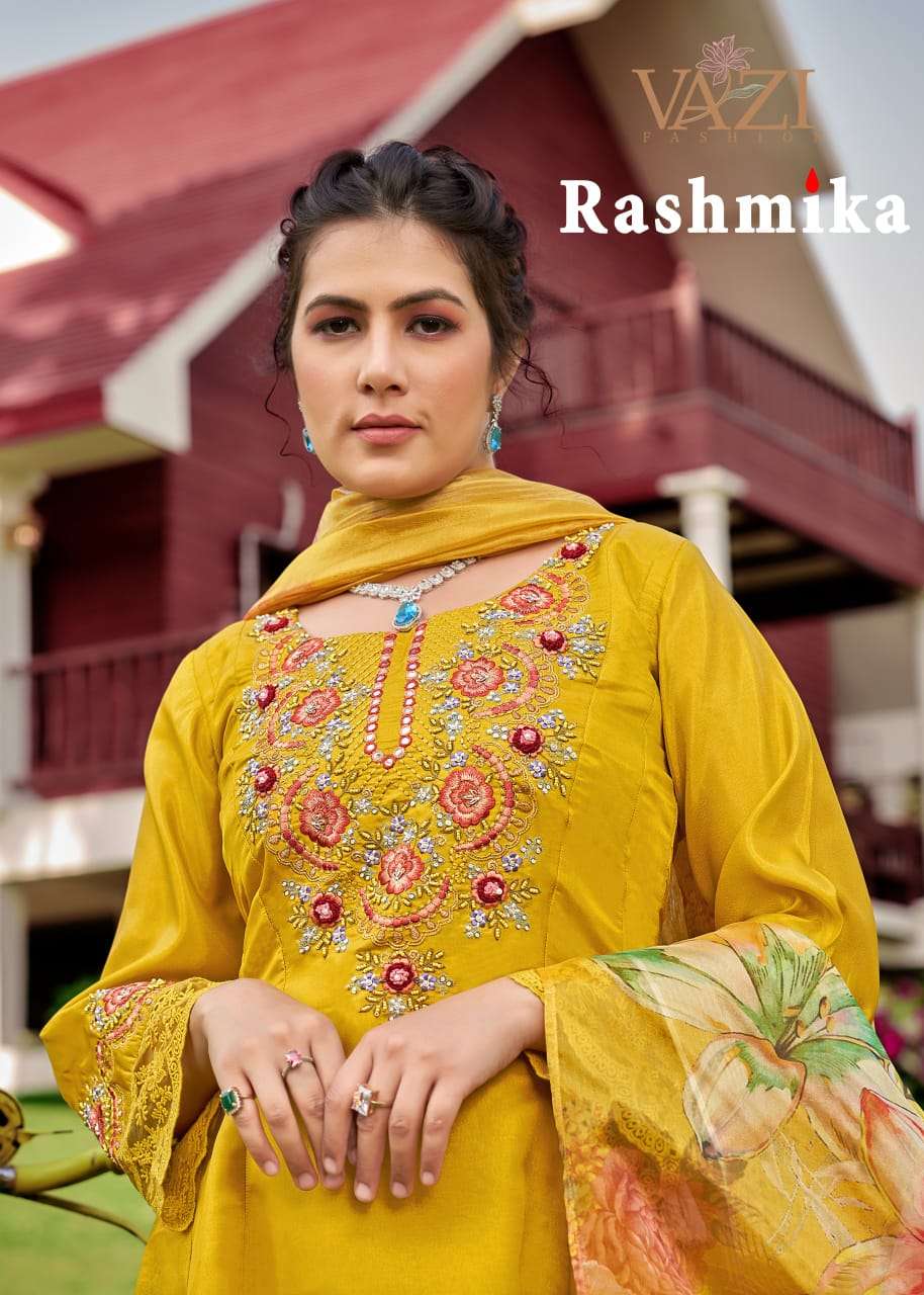 RASHMIKA BY VAZI FASHION IN PURE VISCOUS TISSUE SHIMMER WITH DESGINER FANCY THERD WORK 