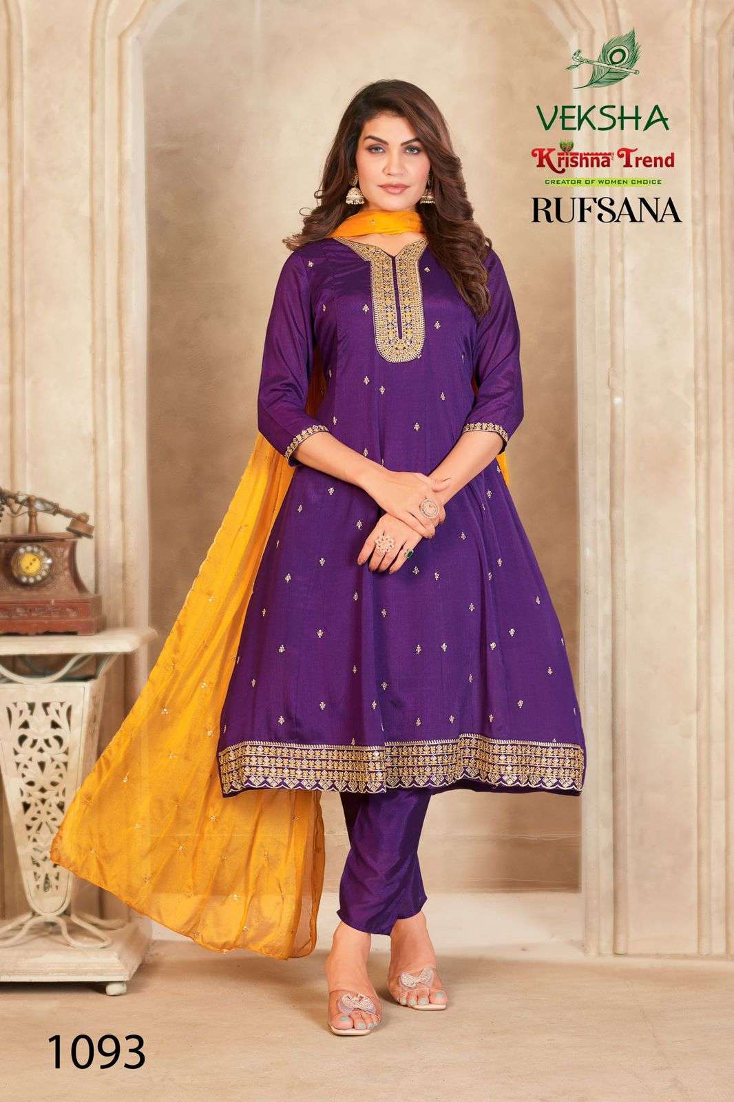 RUFSANA BY VEKSHA IN CHINNON DIED WITH INNER AND HEAVY EMBROIDERY WORK 