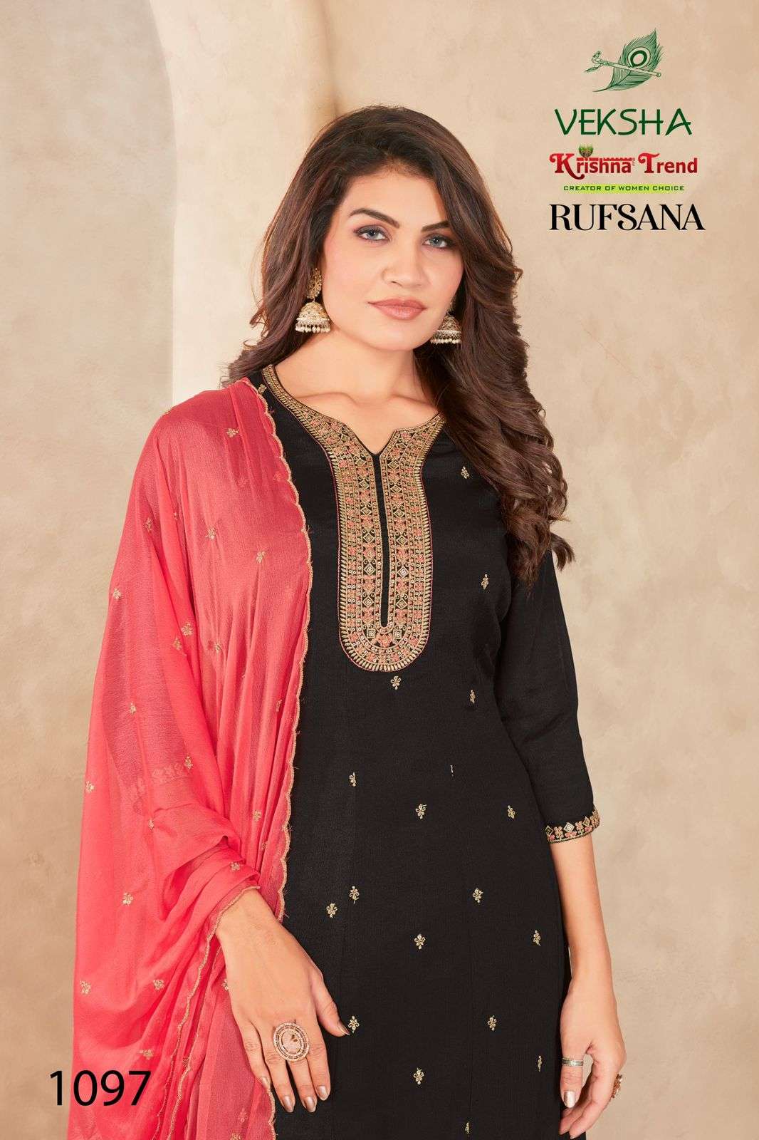 RUFSANA BY VEKSHA IN CHINNON DIED WITH INNER AND HEAVY EMBROIDERY WORK 