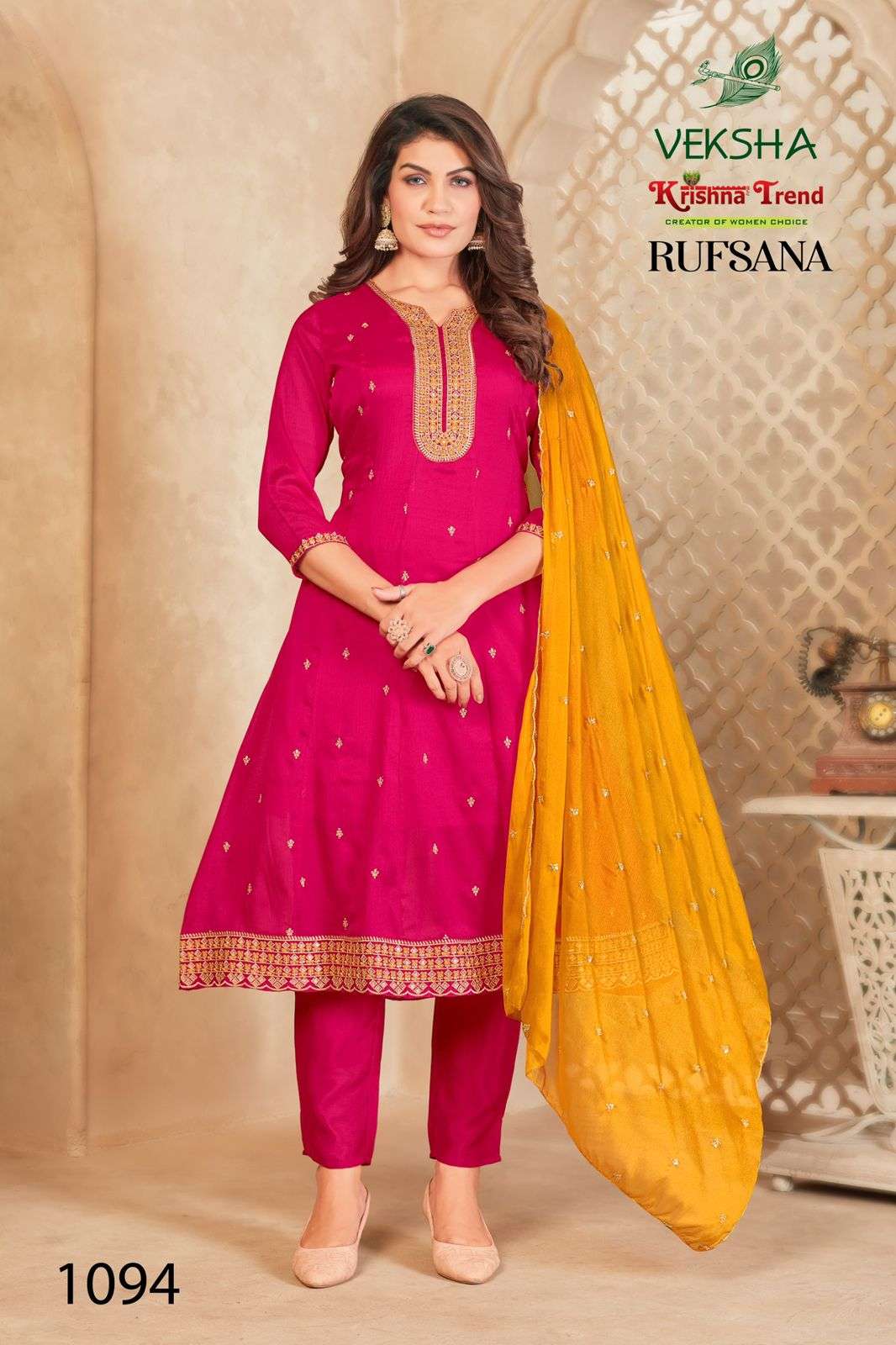 RUFSANA BY VEKSHA IN CHINNON DIED WITH INNER AND HEAVY EMBROIDERY WORK 