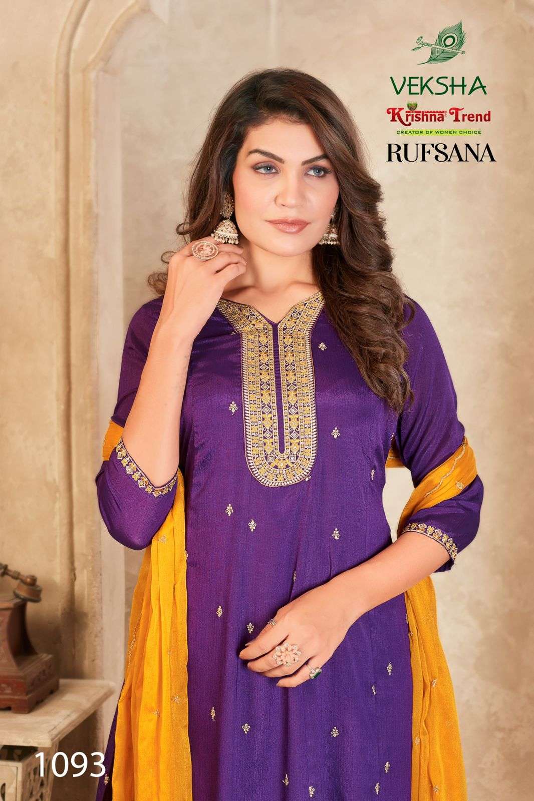 RUFSANA BY VEKSHA IN CHINNON DIED WITH INNER AND HEAVY EMBROIDERY WORK 