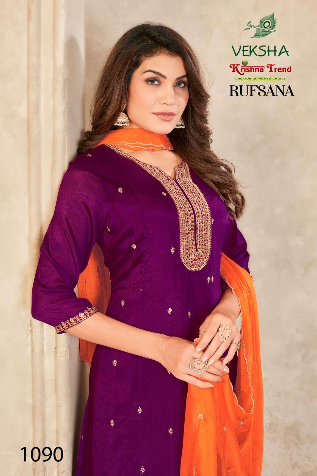 RUFSANA BY VEKSHA IN CHINNON DIED WITH INNER AND HEAVY EMBROIDERY WORK 