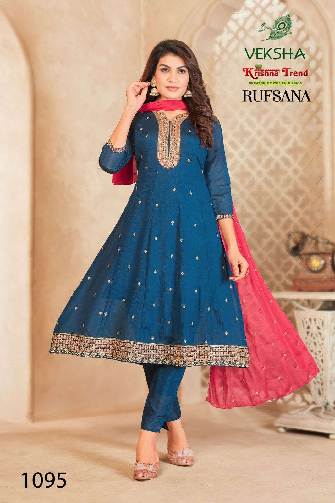 RUFSANA BY VEKSHA IN CHINNON DIED WITH INNER AND HEAVY EMBROIDERY WORK 