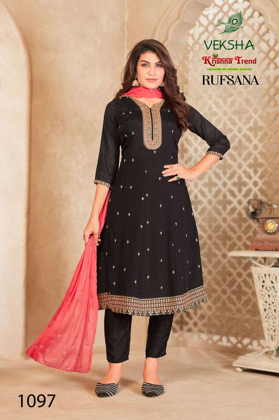 RUFSANA BY VEKSHA IN CHINNON DIED WITH INNER AND HEAVY EMBROIDERY WORK 