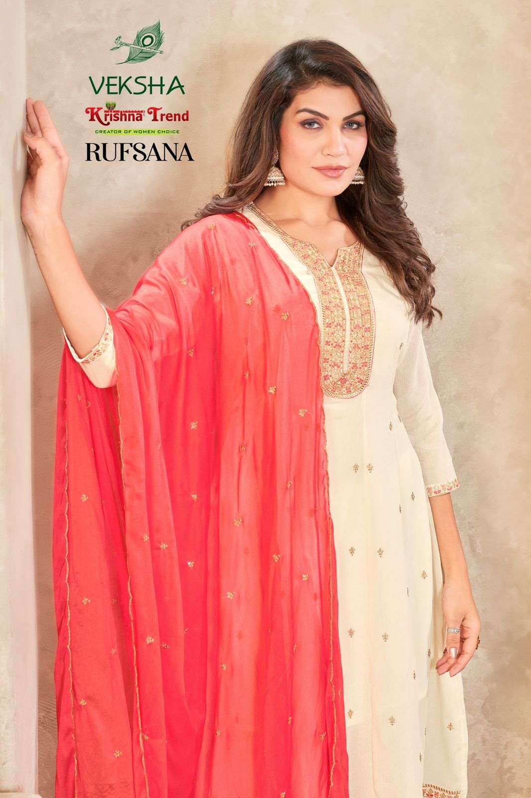 RUFSANA BY VEKSHA IN CHINNON DIED WITH INNER AND HEAVY EMBROIDERY WORK 