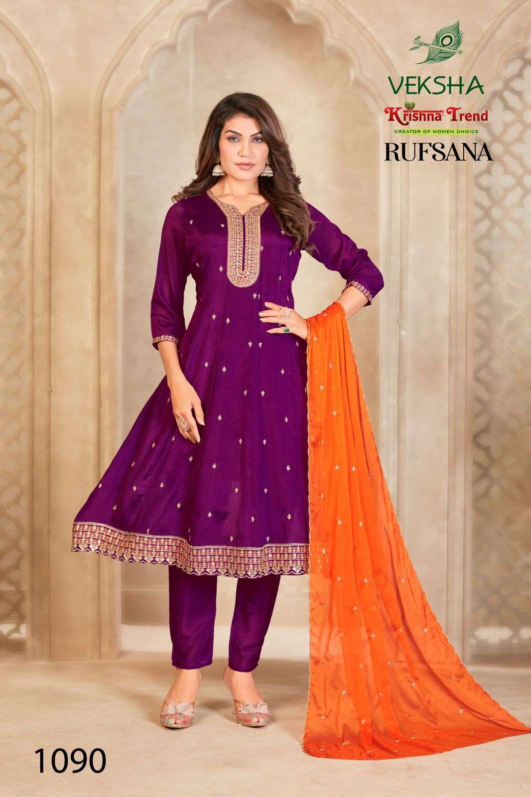 RUFSANA BY VEKSHA IN CHINNON DIED WITH INNER AND HEAVY EMBROIDERY WORK 