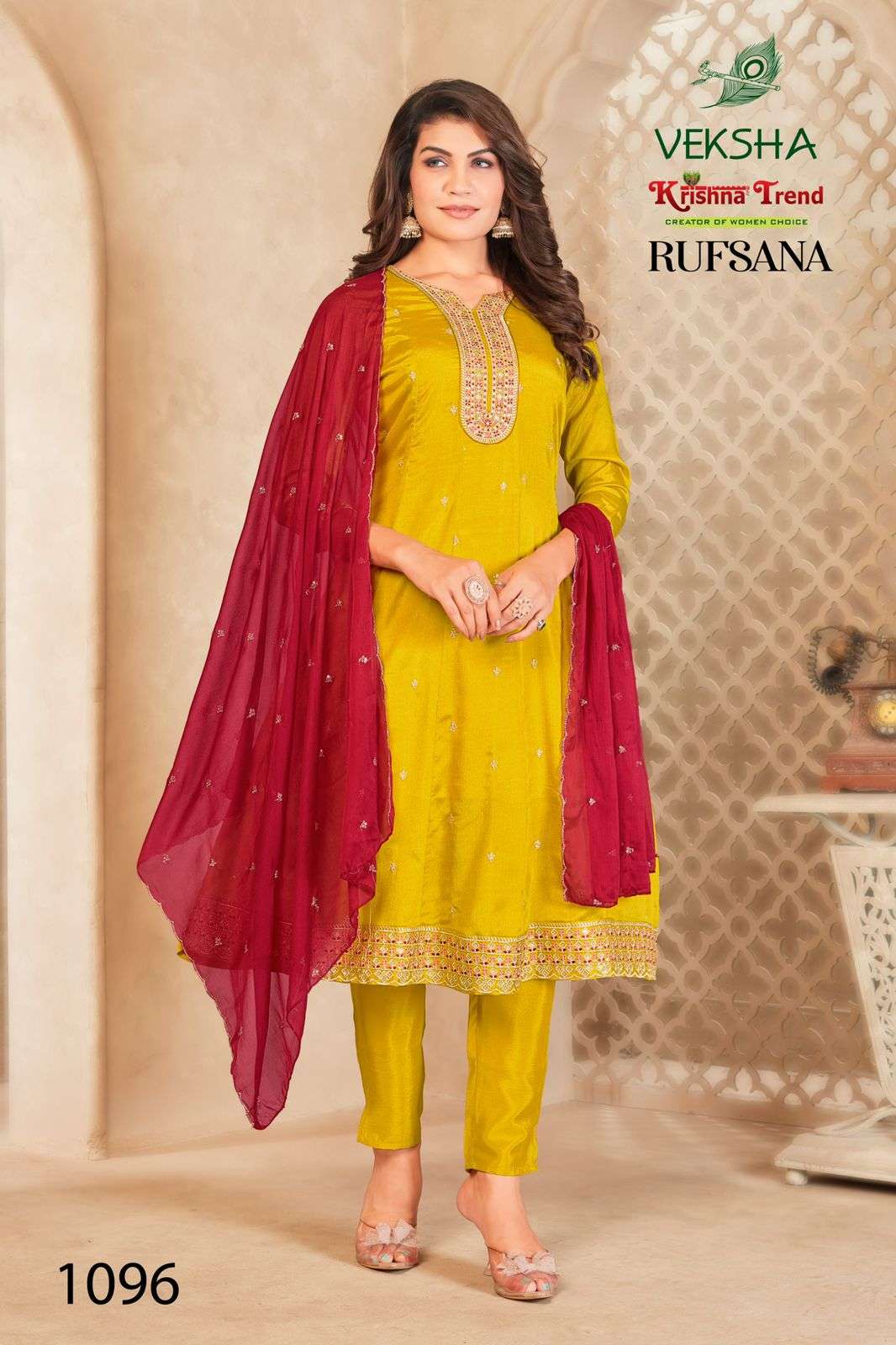 RUFSANA BY VEKSHA IN CHINNON DIED WITH INNER AND HEAVY EMBROIDERY WORK 