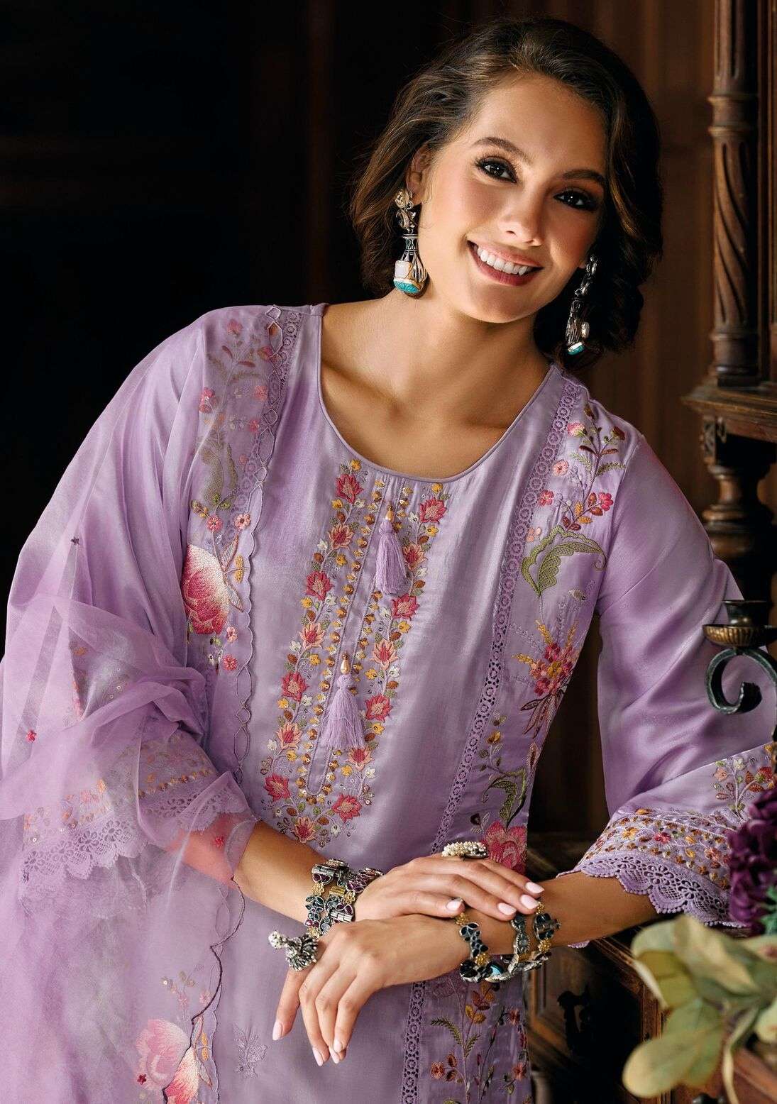 SAAZ BY LADY LEELA IN VISCOSE ROMAN SILK WITH DESIGNER HEAVY EMBROIDERY WORK 
