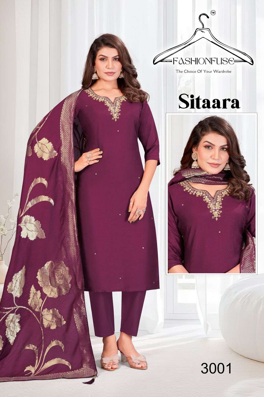SITAARA BY FASHION FUSE IN VATICAN SILK WITH A STUNNING V-NECK AND HANDWORK WORK 