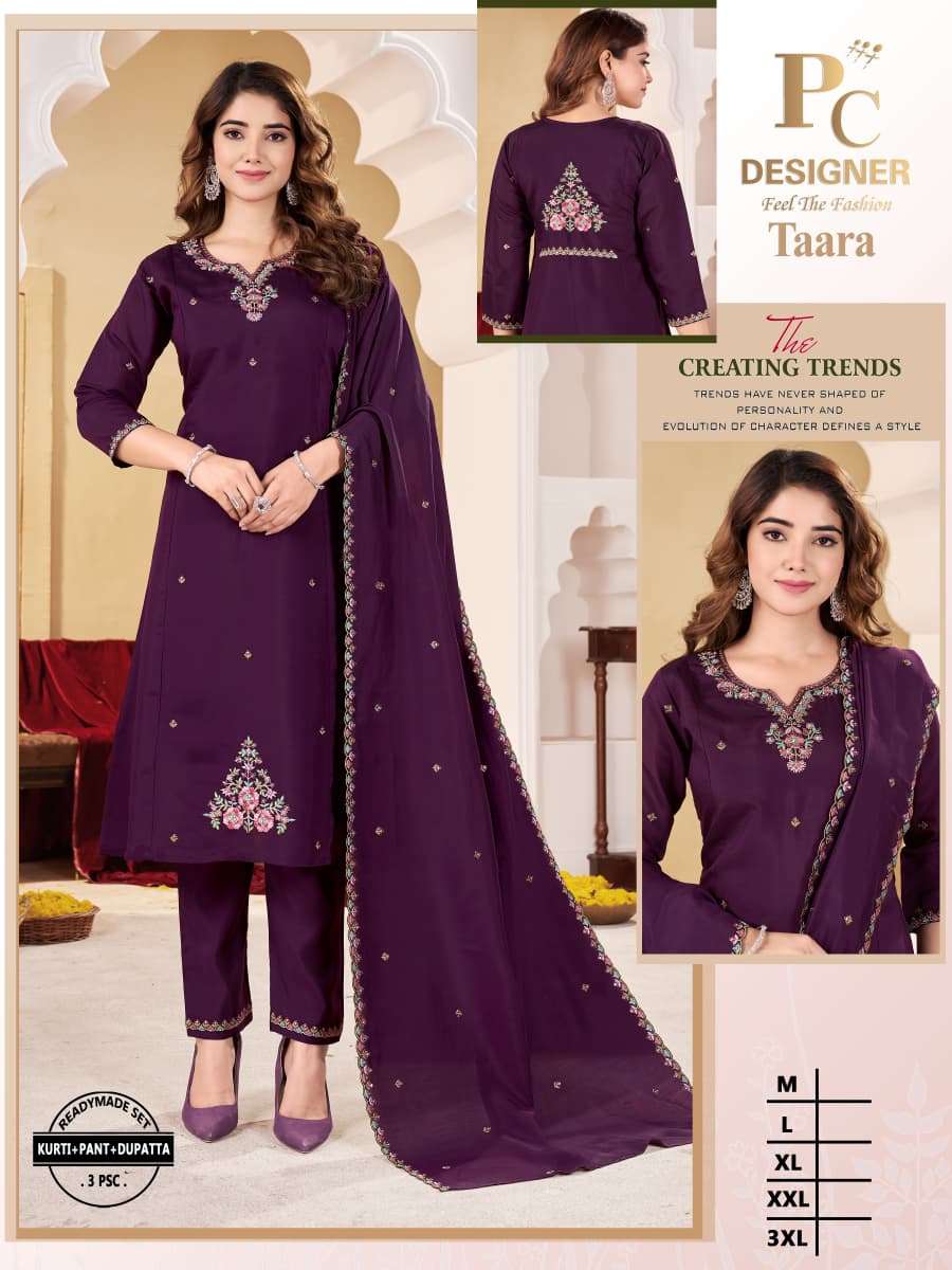 TAARA BY PC DESIGNER IN SMOOTH ROMAN KURTI PANT WITH DUPATTA WITH EMBROIDERY WORK 
