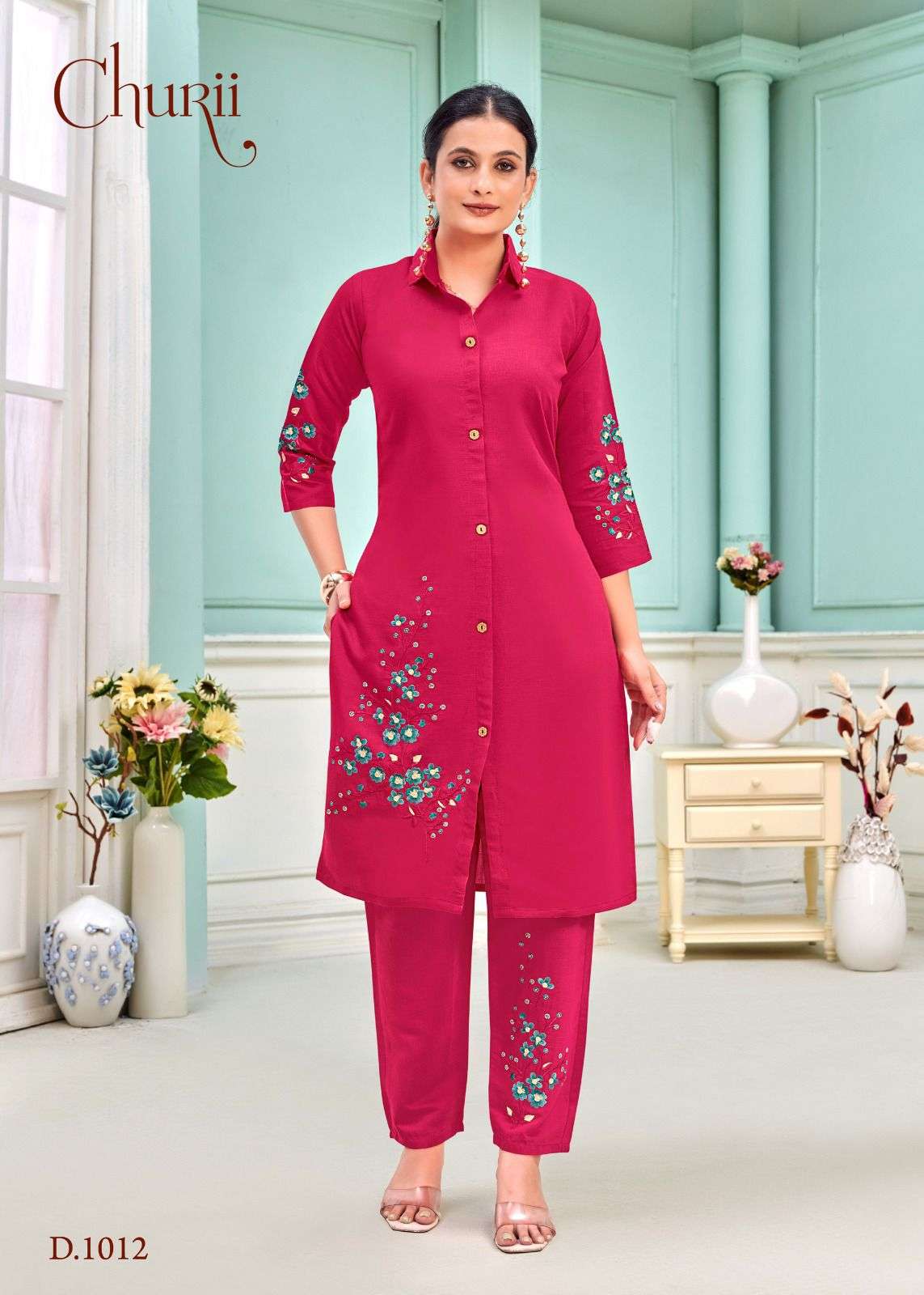 TULIP BY CHURII IN SOFT VATICAN TOP PANT WITH POCKETS AND BEAUTIFUL EMBROIDERY WORK 
