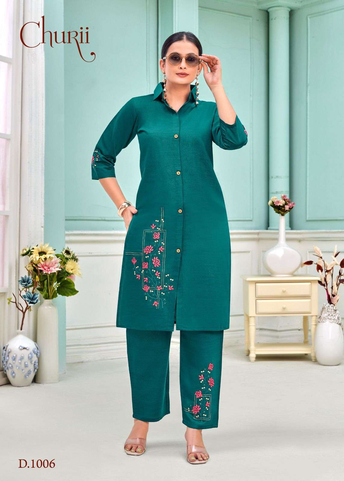 TULIP BY CHURII IN SOFT VATICAN TOP PANT WITH POCKETS AND BEAUTIFUL EMBROIDERY WORK 