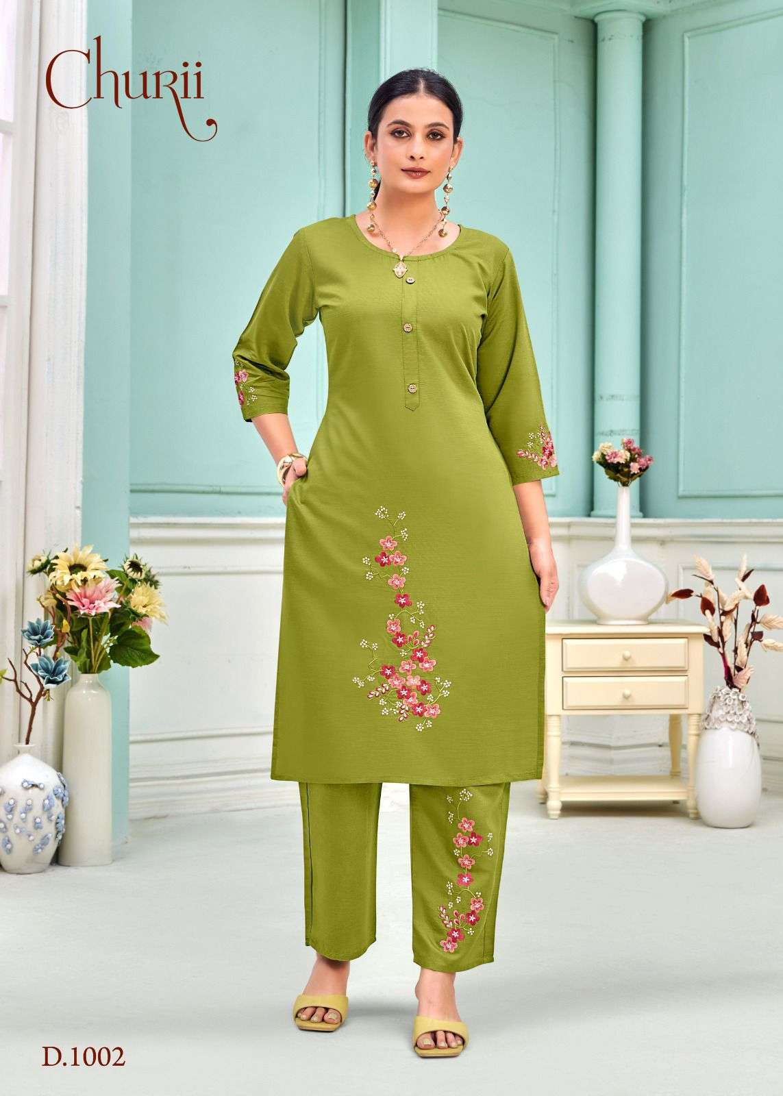 TULIP BY CHURII IN SOFT VATICAN TOP PANT WITH POCKETS AND BEAUTIFUL EMBROIDERY WORK 