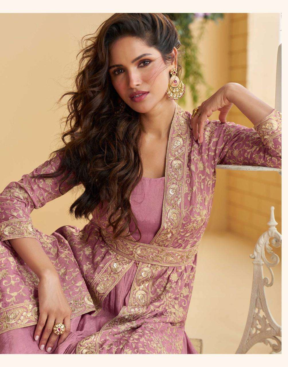 TULIP BY SAYURI DESIGNER IN REAL PREMIUM CHINON SILK EMBROIDERED SHRUG WITH BELT AND GOWN 